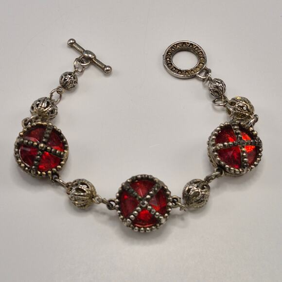 Vintage Medieval Victorian Style Bracelet Silver-tone and Red Stone Toggle Close - Picture 4 of 16